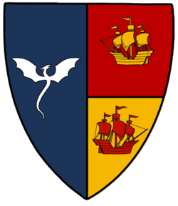 Das Wappen von Twinport enthält das den Lindwurm von Wyvern's Glenn und zwei Schiffe, die für die beiden Häfen von Twinport stehen. Das Wappen von Twinport enthält das den Lindwurm von Wyvern's Glenn und zwei Schiffe, die für die beiden Häfen von Twinport stehen.